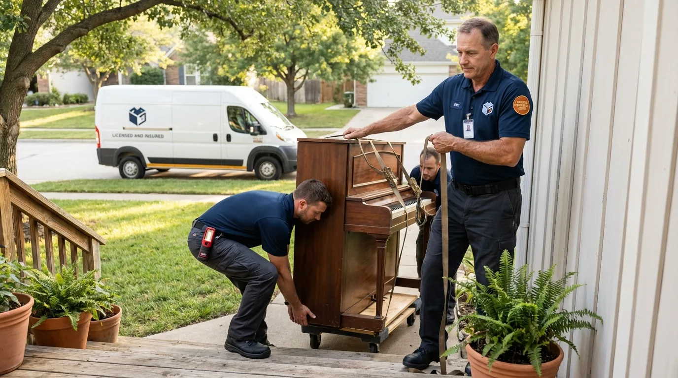 Licensed piano movers securing grand piano in Bondsville, MA