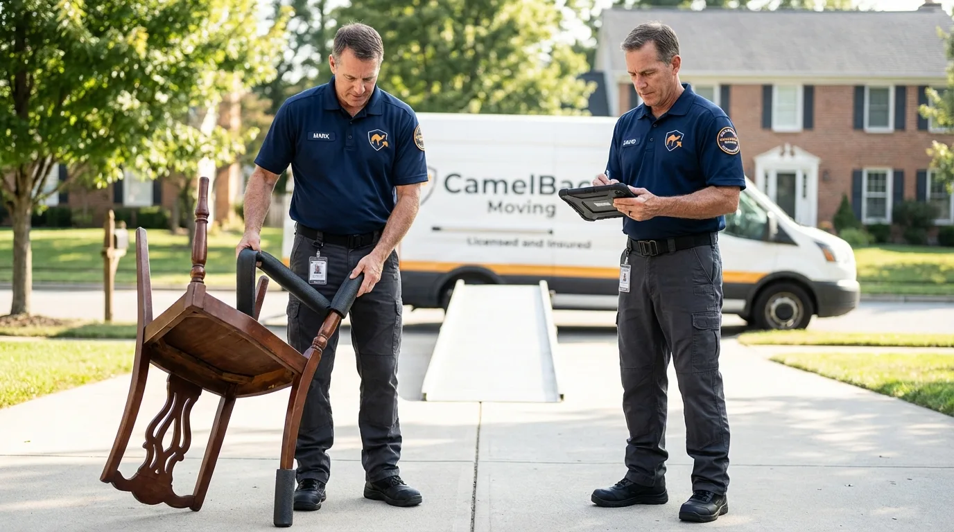 Movers inspecting furniture for damage prevention before loading in Bondsville, MA