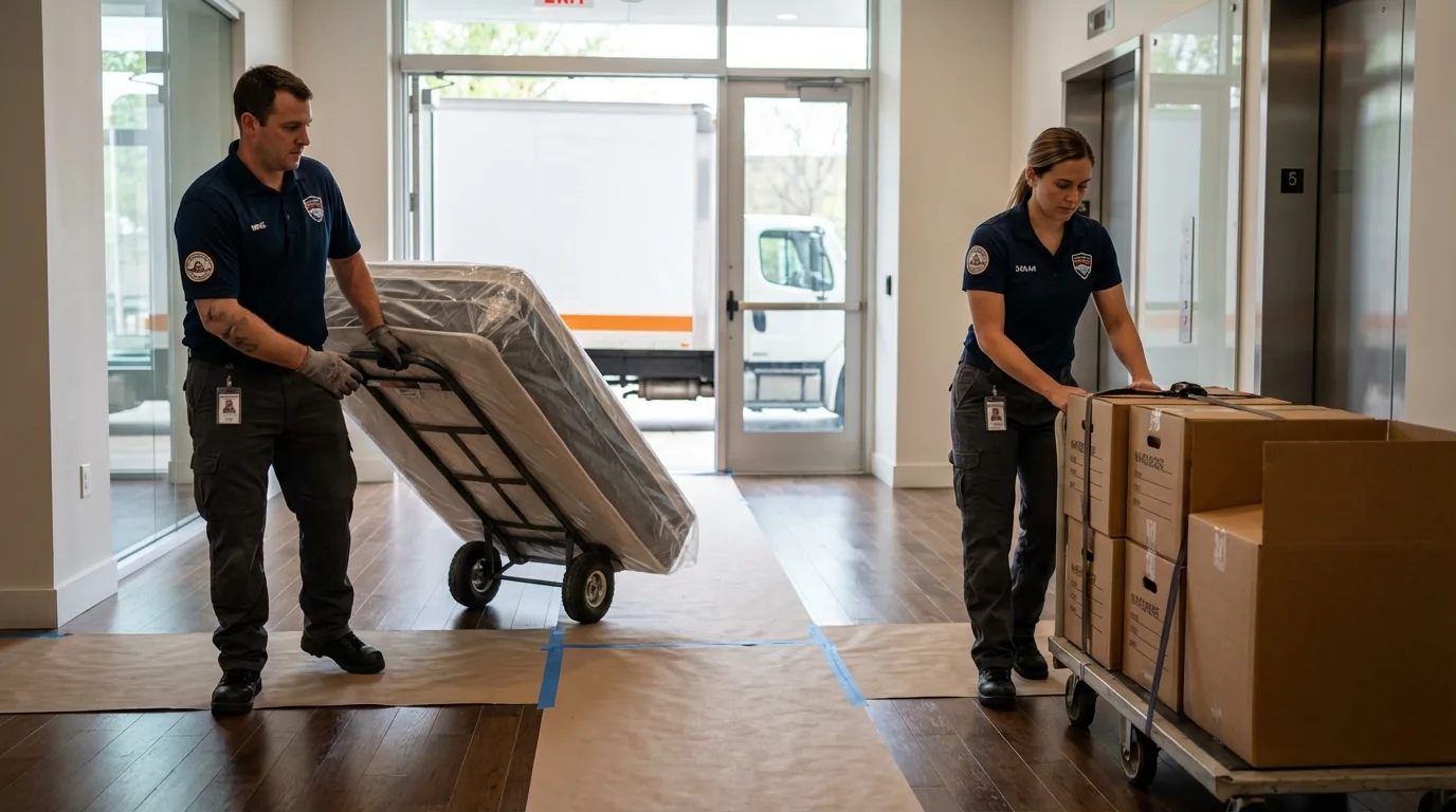 Professional apartment movers loading elevator in Bondsville, MA